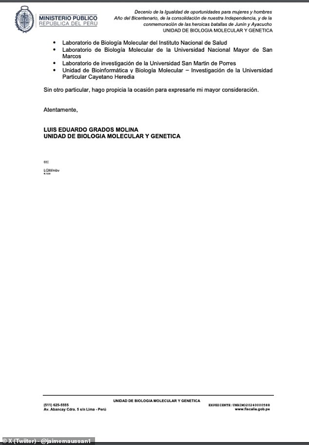 Ten scientists with San Luis Gonzaga National University of Ica (UNICA), according to Maussan's statement in March, concluded 'their DNA [i.e. the Nazca mummies' DNA] contains 29 percent that does not belong to the evolutionary chain of the Earth' (page two above)