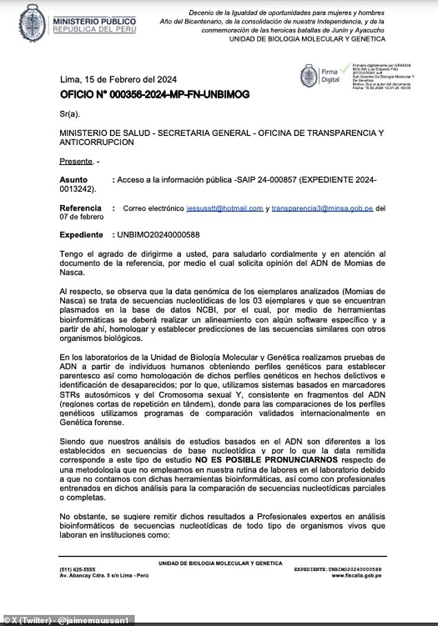 In March 2024, Maussan published a report on the DNA of the Nazca 'tridactyl' mummies - a report that he described as having been performed by 'the top specialist in Molecular Biology and Genetics of Peru' (page one above)