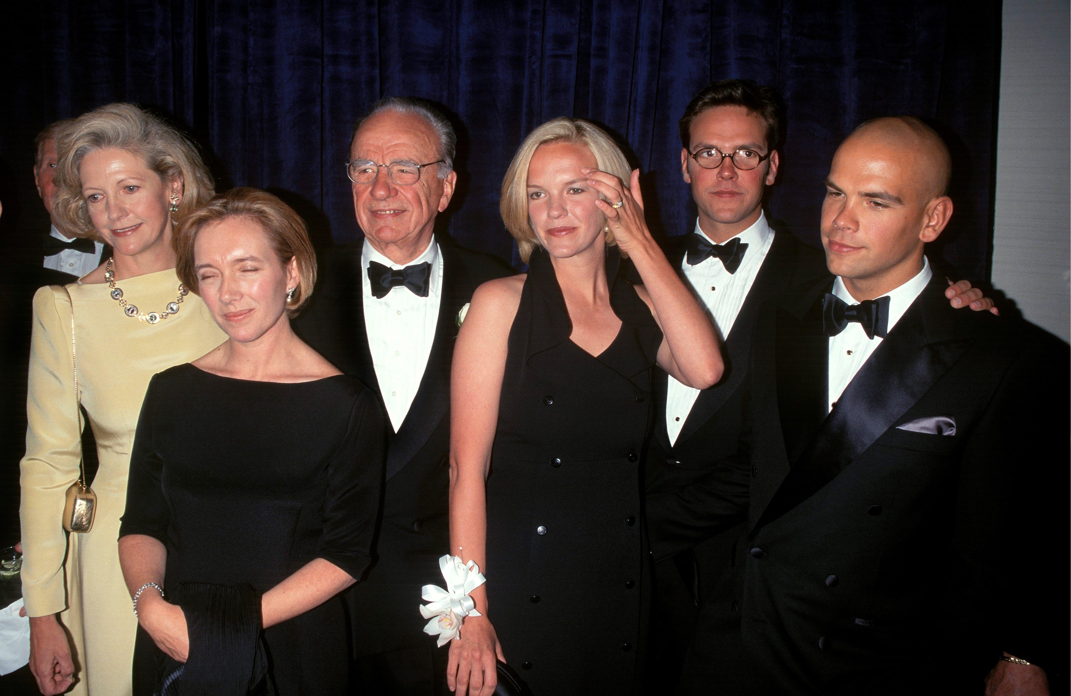 Rupert Murdoch with his second wife, Anna Maria Torv, and four eldest children Prudence, Elisabeth, James and Lachlan Murdoch