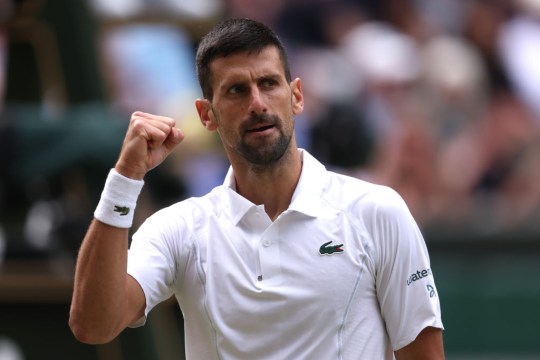 Novak Djokovic of Serbia celebrates as he plays against Lorenzo Musetti of Italy at Wimbledon 2024