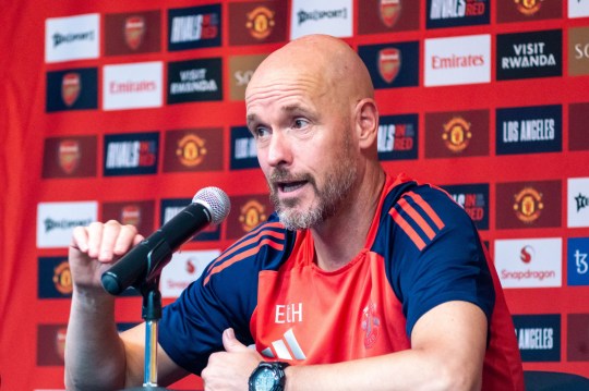 Manchester United head coach Erik Ten Hag speaks in a press conference at UCLA. The team and Arsenal FC will play in a pre-season friendly football match on Saturday