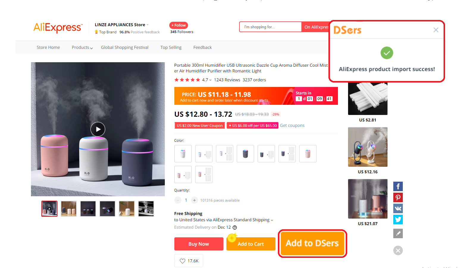 Product page of a USB aroma diffuser from a dropshipping store