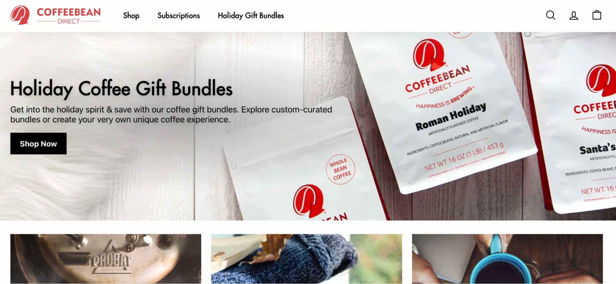 Coffee Bean Direct website with bags of the product and promo for “holiday coffee gift bundles”