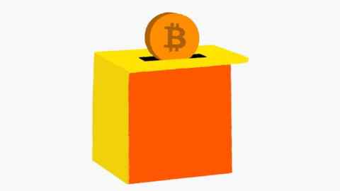 Ben Hickey illustration of an orange and yellow ballot box with a bitcoin put through the top as a vote