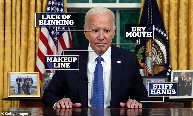 Doctors who watched Joe Biden 's address to the nation tonight have revealed the subtle clues about the president's health. They warned his lack of blinking may suggest a neurological issue. His dry mouth and stiff hands implies cognitive decline. They also highlighted his generous application of makeup - likely to mask his pale skin