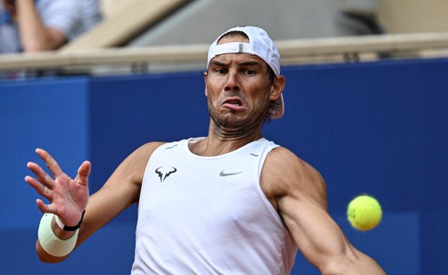 Spain's Rafael Nadal takes part in a training session at the Roland-Garros Stadium complex ahead of the Paris 2024 Olympic Games