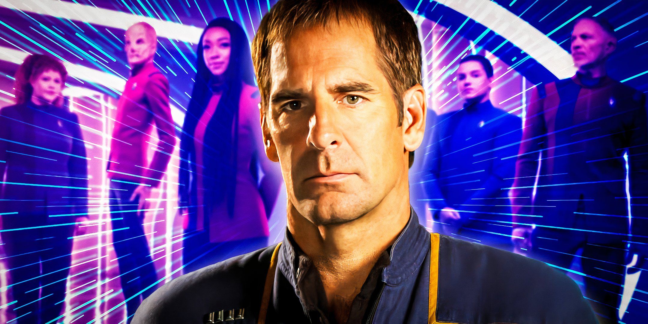 Scott Bakula as Captain Archer in front of the cast of Star Trek: Discovery