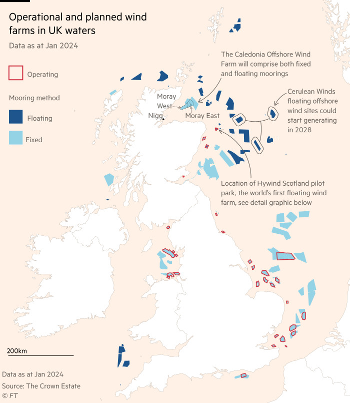 Map showing the operational and planned wind farms in UK waters (data as of Jan 2024). The map shows the operational wind farms and the mooring methods, both fixed and floating platforms.