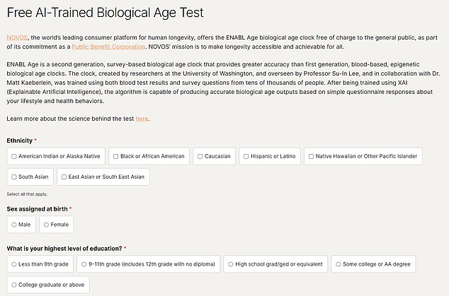 The above is a screengrab from the test, which estimates biological age via 24 questions