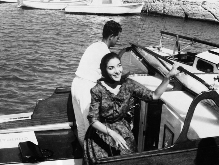 black and white archive photo of Callas in a small boat on the water