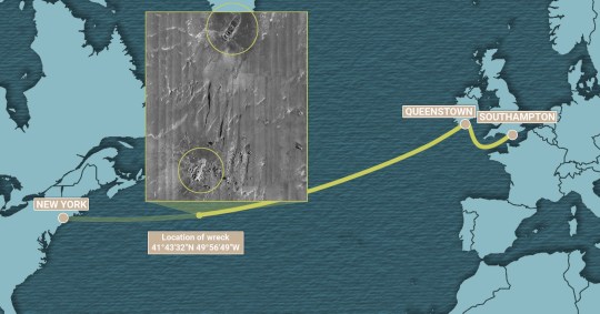 Map showing Titanic's journey and its final resting place on the seabed