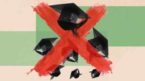 Illustration of graduation mortarboards up in the air with a big red X through them