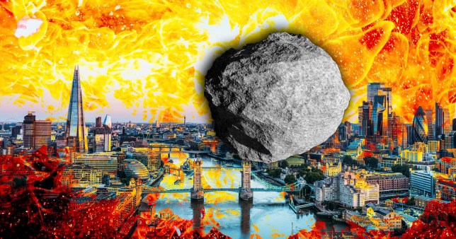 Composite image mock-up of asteroid striking London