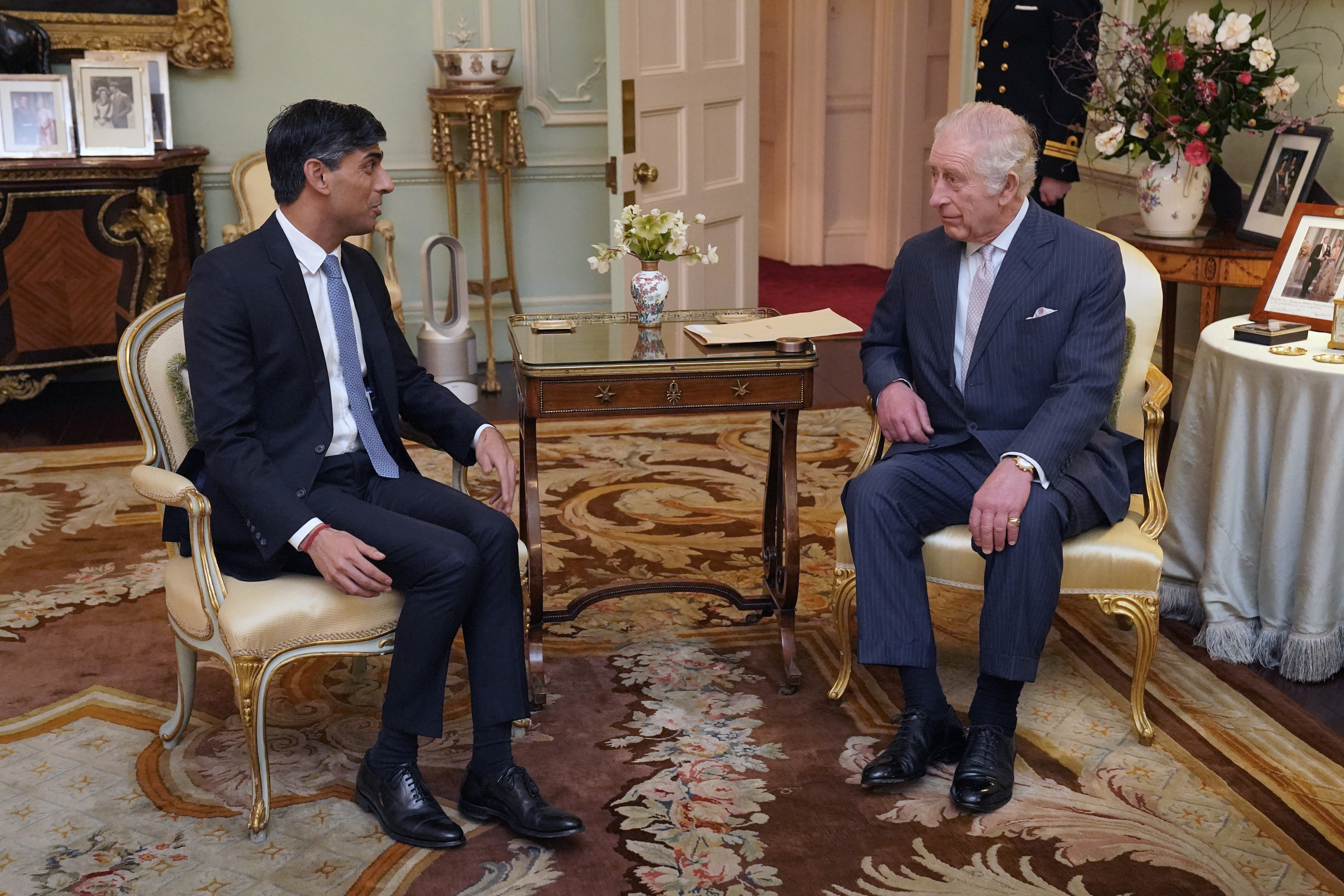 King Charles III and Prime Minister Rishi Sunak at one of their meetings together at Buckingham Palace