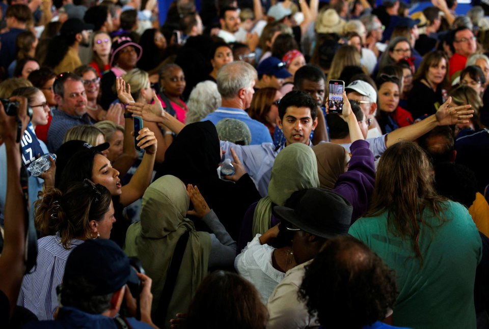 The pro-Palestinian protesters directed chants at the Vice President in Romulus, Michigan on Wednesday night