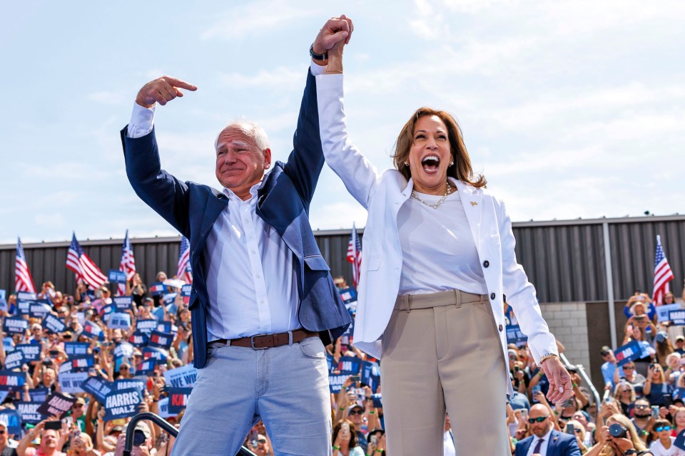 Harris received a minute-long ovation after being introduced by her VP pick, Tim Walz