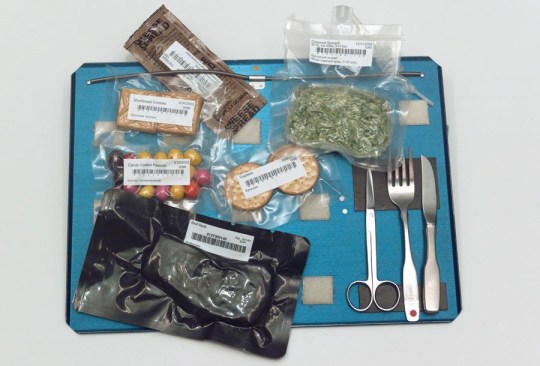 Space food on a blue tray.