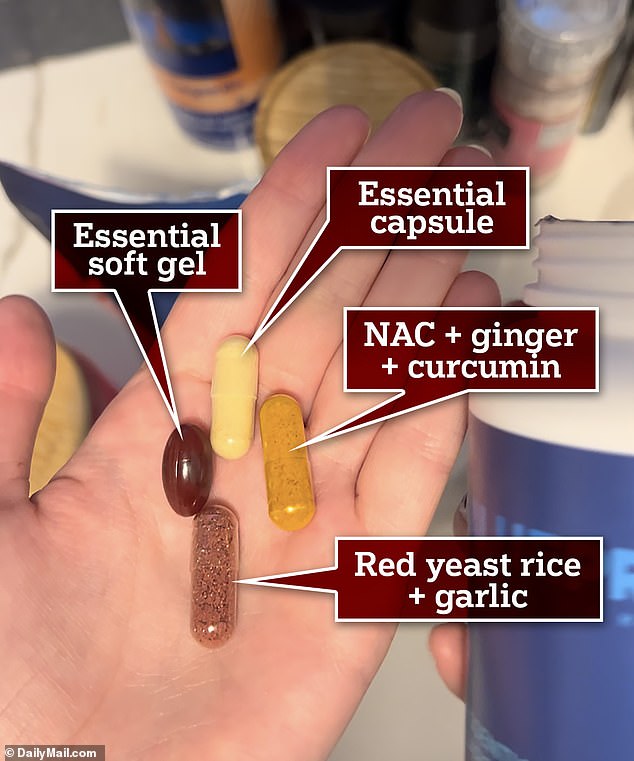 You take three essential capsules, one essential soft gel, three NAC + Ginger + Curcumin pills and one Red Yeast Rice + Odor-free Garlic pill per day on the stack