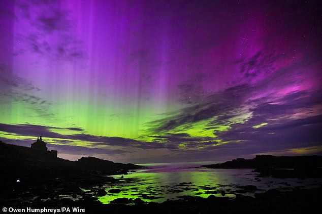 A geomagnetic storm caused the Northern Lights to be particularly bright over the Northern Hemisphere, triggering spectacular displays over Northumberland (pictured)