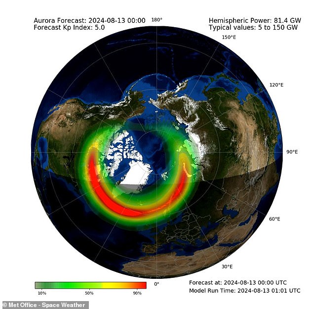 The Met Office predicts moderate geomagnetic storms this evening (pictured) which should create some aurora activity over Scotland and parts of Northern England