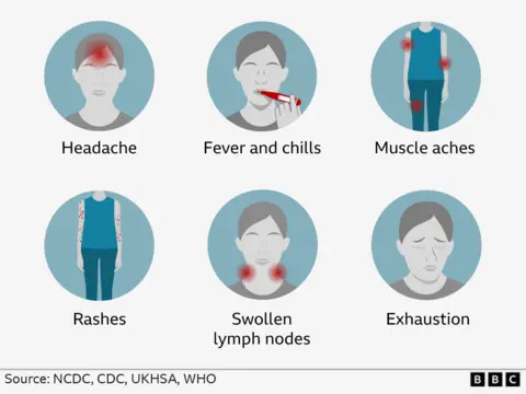 Graphic showing some mpox symptoms: headache, fever and chills, muscle aches, rashes, swollen lymph nodes and exhaustion. 