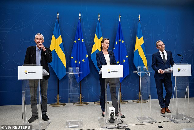 Swedish state epidemiologist Magnus Gisslen, acting Director General of the Public Health Agency Olivia Wigzell and Minister for Social Affairs and Public Health Jakob Forssmed give a press conference to inform about the situation regarding mpox in Stockholm on August 15