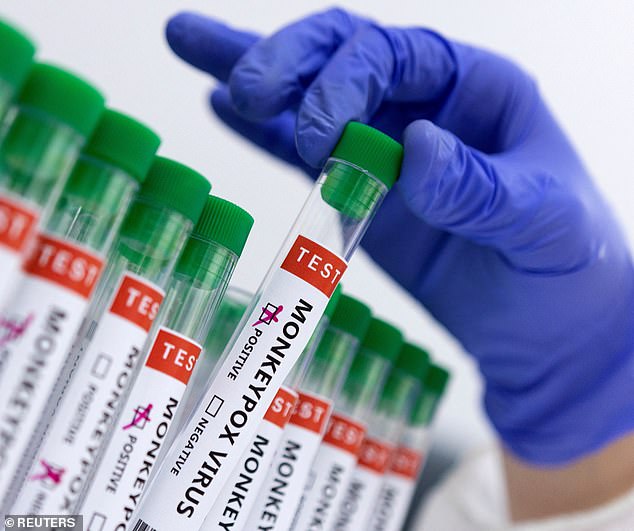 The first case outside the continent was detected in Sweden , prompting the European Centre for Disease Prevention and Control to raise its risk level. Pictured: Test tubes labelled 'Monkeypox virus positive and negative'