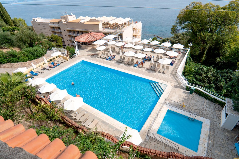 The beachfront Louis Ionian Sun hotel has pools and a kids’ waterpark