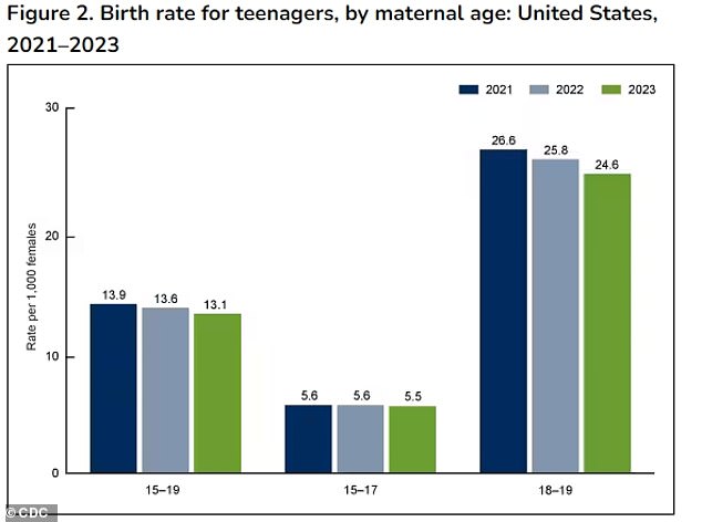 The above shows the birth rate for teenagers 15 to 19 years old, 15 to 17 years old and 18 to 19 years old each year from 2021 to 2023