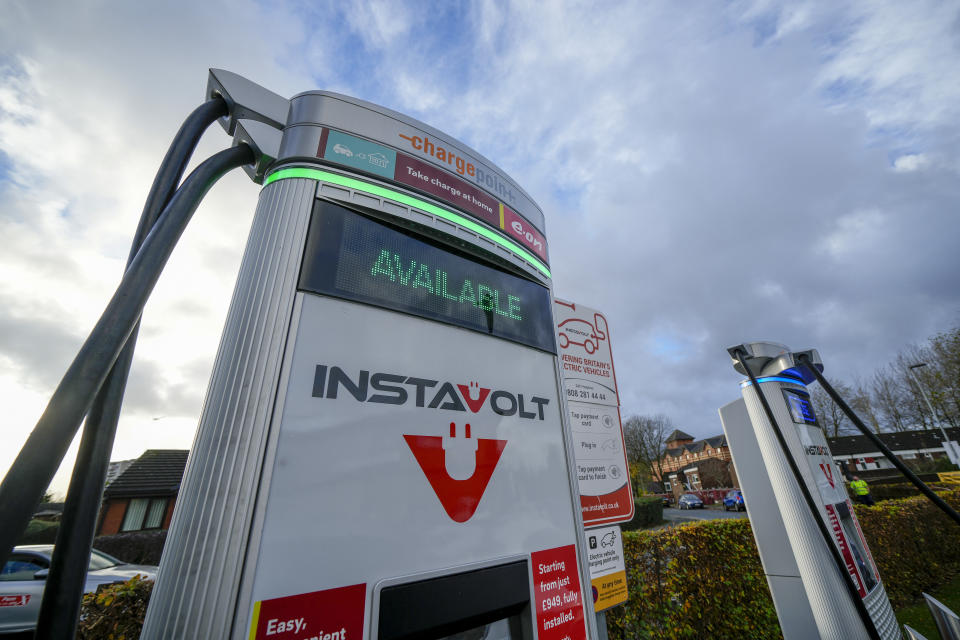 MANCHESTER, ENGLAND - NOVEMBER 18: Electric car chargers operated by Instavolt at a car park on November 18, 2022 in Manchester, England. Yesterday, the UK Chancellor of the Exchequer announced as part of his Autumn Statement that electric vehicles would no longer be exempt from road tax as of 2025. (Photo by Christopher Furlong/Getty Images)