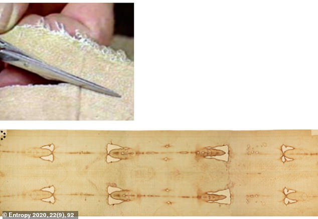 The piece was cut from the bottom corner on the back of the shroud, which experts said was not mended in the Middle Ages