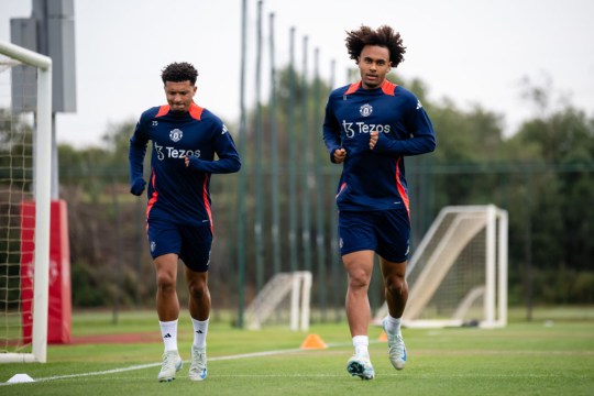 Sancho, left, in Manchester United training