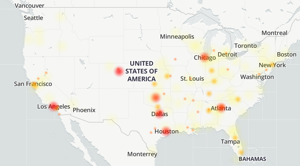 SOS on iPhone AT&T outage map showing hot spots of user-submitted reports regarding service disruption within the AT&T network across the United States