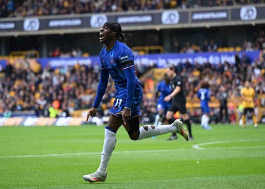 Noni Madueke celebrates scoring a goal for Chelsea