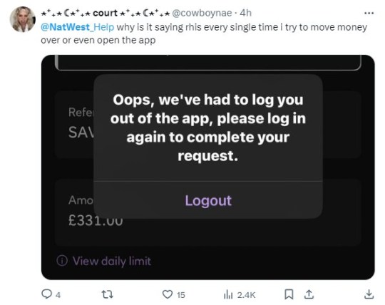 NatWest app down with furious customers unable to transfer money or pay bills NatWest customers say they cannot send payments through its app this morning, with the banking giant confirming the issues on its X/Twitter social media account Twitter complaints
