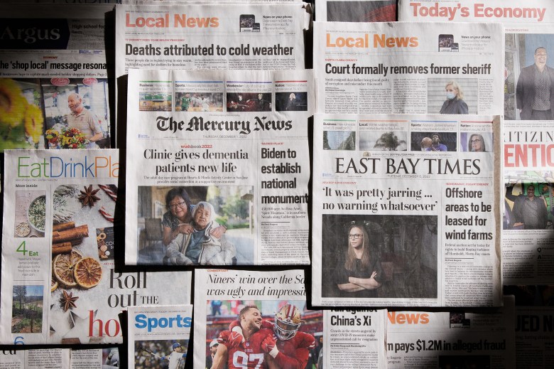 Various local print newspaper copies. Photo by Dai Sugano, Bay Area News Group