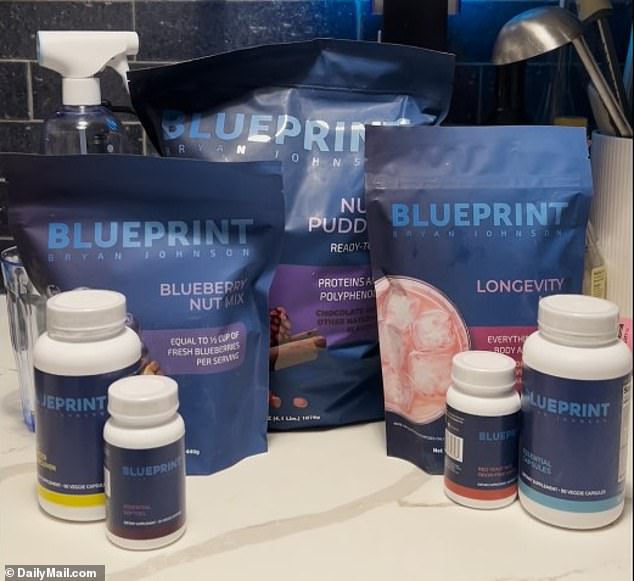 THE BIOHACK STACK: The BluePrint comes with four bottles of supplements, three packages and one bottle of olive oil.