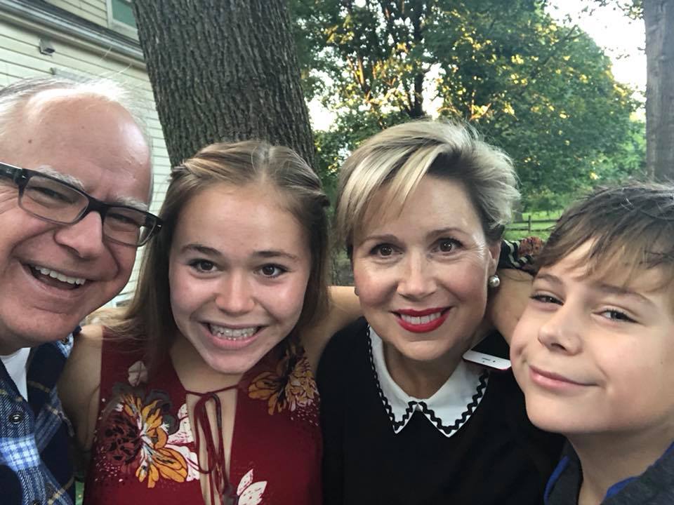 Tim and Gwen Walz pictured with their two children, Hope and Gus