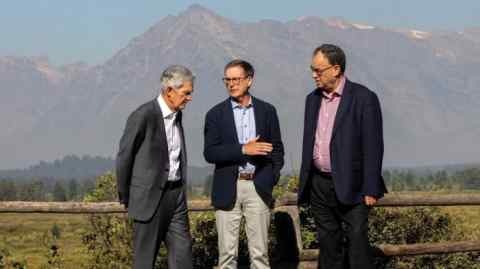 Jerome Powell, chairman of the US Federal Reserve, from left, Tiff Macklem, governor of the Bank of Canada, and Andrew Bailey, governor of the Bank of England (BOE), during the Kansas City Federal Reserve’s Jackson Hole Economic Policy Symposium