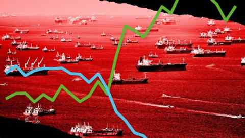 Montage of commercial ships in Singapore Strait and a line chart