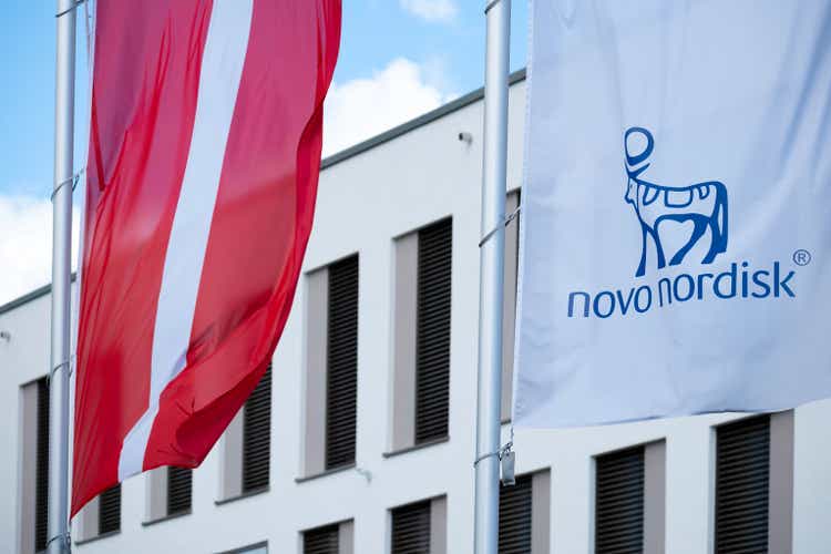 Novo Nordisk advertising flags and logo on facade building, Danish pharmaceutical healthcare giant, production innovative drugs, Ozempic, Mainz, Germany June 15, 2024