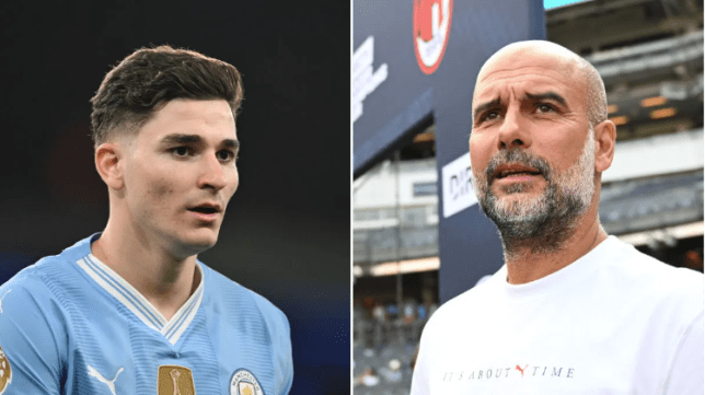 Manchester City striker Julian Alvarez and Etihad boss Pep Guardiola