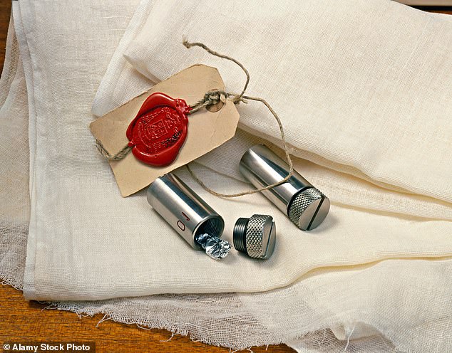 The research in question is a 1988 study that conducted radiocarbon dating on a piece of the shroud. Pictured are the sample containers that held strips of the cloth