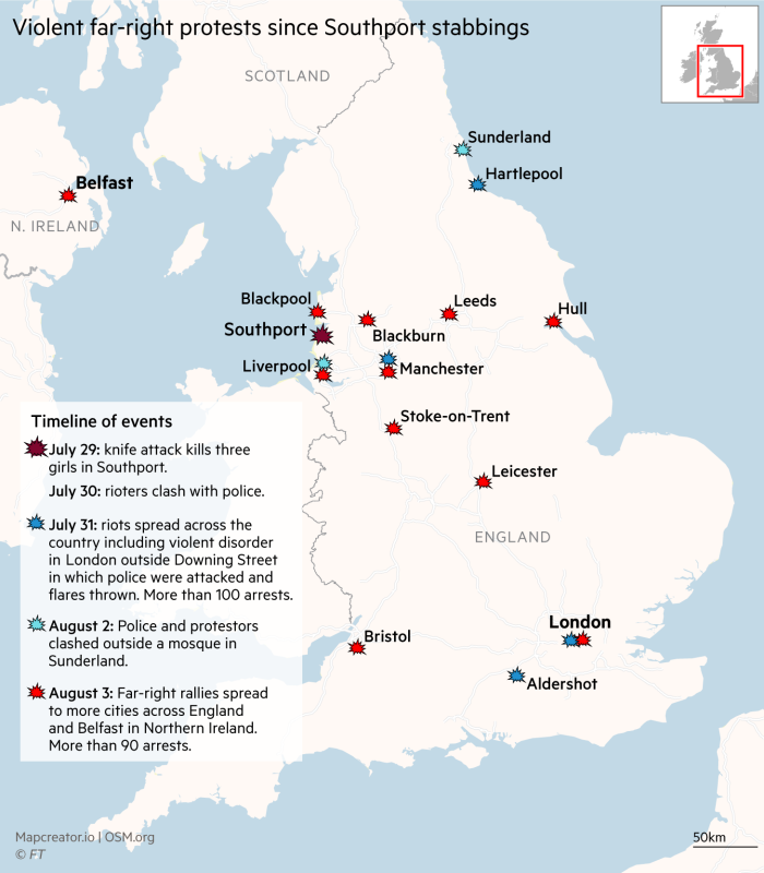 Map of UK showing violent far-right protests since Southport stabbings.

Timeline of events

July 29: knife attack kills three girls in Southport.
July 30: rioters clash with police.
July 31: riots spread across the country including violent disorder in London outside Downing Street in which police were attacked and flares thrown. More than 100 arrests. 
August 2: Police and protestors clashed outside a mosque in Sunderland.
August 3: Far-right rallies spread to more cities across England and Belfast in Northern Ireland. More than 90 arrests.