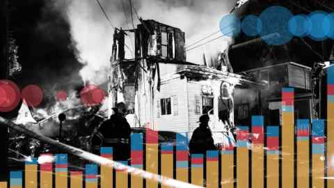 Montage image of a building in ruins and various bar charts