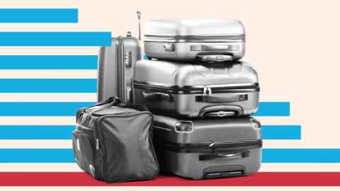 Montage of a cutout photo of a pile of suitcases and bags against the blue and red lines of a bar chart