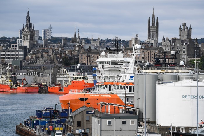 A view of oil support vessels in Aberdeen harbour