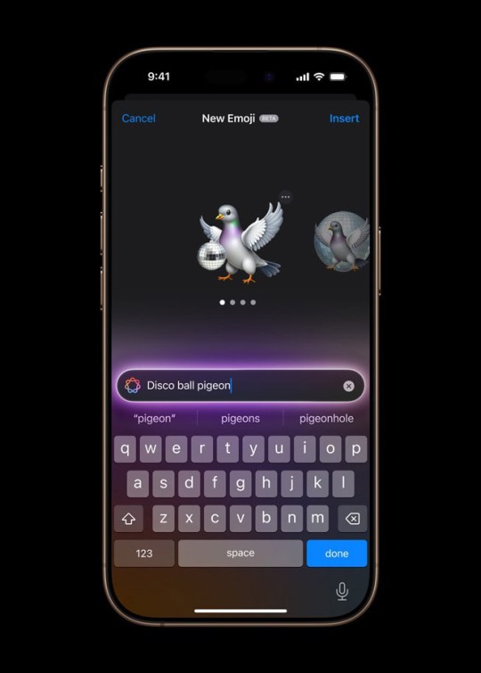 A Disco ball pigeon emoji created by a prompt in the Genmoji feature 