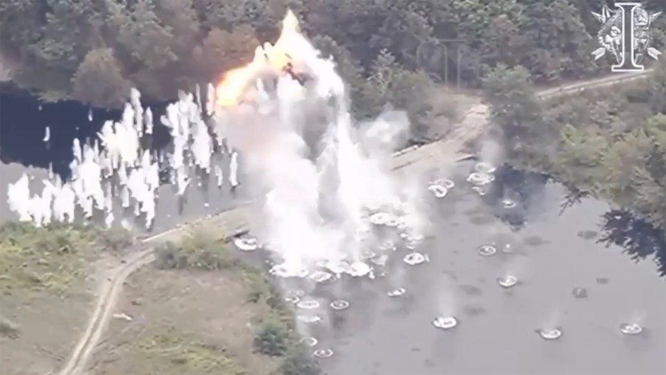 A bomb blitz destroying pontoons over the Seym river