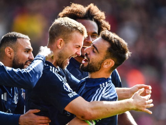 Matthijs de Ligt of Manchester United celebrates scoring his first goal for his new club 